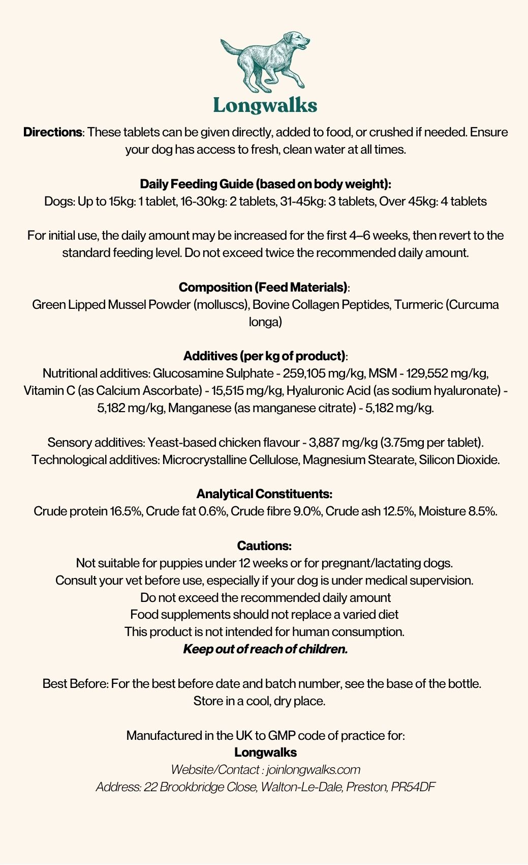 Longwalks Hip & Joints: full ingredients and feeding label